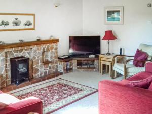 a living room with a fireplace and a tv at Kay's Cottage in Buckfastleigh