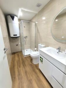 a bathroom with a toilet and a shower and a sink at Loreto Apartment in Bragança +16 photos