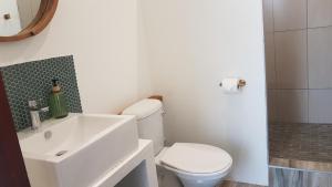 ein Badezimmer mit einer weißen Toilette und einem Waschbecken in der Unterkunft Montagu Meander is a cozy flat for work and play with Wi-Fi and secure parking in Montagu
