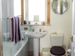 a bathroom with a sink and a toilet and a mirror at Altabrug in Howmore