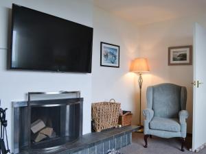 a living room with a tv and a chair and a fireplace at Cuckoos Nest in Cove