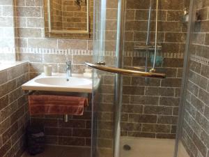 a bathroom with a shower and a sink and a shower at Tyn Y Mur in Morfa Nefyn