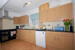 a kitchen with wooden cabinets and a white appliance at Seascape in New Quay +17 photos