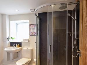 een badkamer met een douche, toilet en wastafel bij Hope Cottage - Uk40055 in Aberfeldy