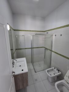 a bathroom with a shower and a sink and a toilet at Apart de la Plaza in San Fernando del Valle de Catamarca