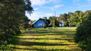 a blue house in the middle of a field at Mereliivatee in Neeme