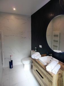 a bathroom with a sink and a toilet and a mirror at Spacious house with garden in Soustons