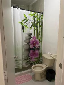 a bathroom with a shower curtain and a toilet at Bix Hospedaje Familiar in El Tepé