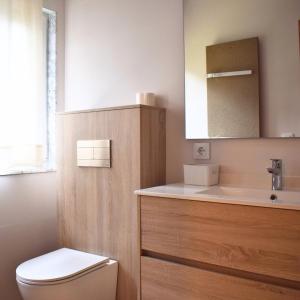 a bathroom with a toilet and a sink and a mirror at Villa El Encinar de Noja in Noja +74 photos