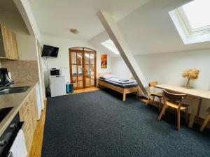 a kitchen and living room with a bed in a room at Apartmá Luxura in Děčín