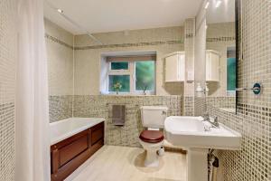 a bathroom with a toilet and a sink and a tub at Lion Cottage in Stanton in Peak +16 photos