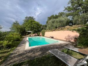 a swimming pool in a yard with two benches at Podere Montemarchi in Lari