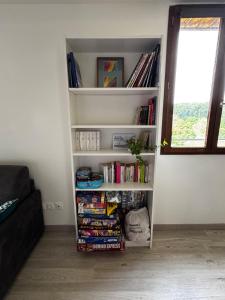 a book shelf filled with books in a room at Cottage en nature Le Pigeonnier de la Manse in Saint-Épain