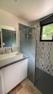 a bathroom with a sink and a shower at Gîtes, Les Fontaines de Normandie in Saint-Julien-sur-Calonne