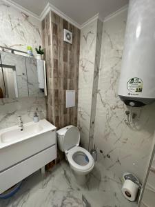 a bathroom with a toilet and a sink at Apartment Tuthon in Pomorie +9 photos