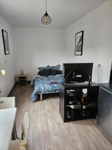 un dormitorio con una cama y un escritorio en Le Petit Pont, en Auxerre