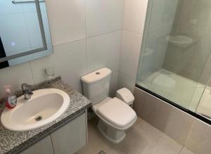 クスコにあるLos Tambos Apartmentのトイレ、洗面台、シャワー付きのバスルーム