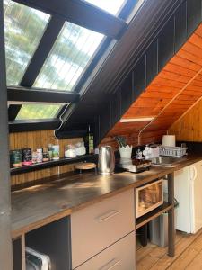 ベルナーティにあるSummer holiday house Vizuliの天窓付きの長いカウンターのあるキッチン