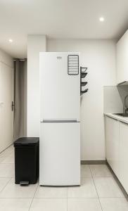 a white refrigerator in a kitchen with a trash can at Appartement Mao in Brignoles +6 photos