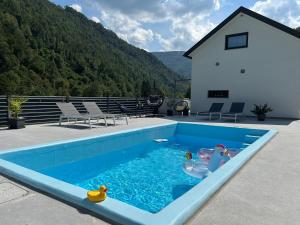 a swimming pool with toy ducks in the water at HOLIDAY HOUSE - River Bača in Most na Soči