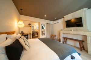 a bedroom with a large bed and a fireplace at Hôtel Rive Sud in Chinon