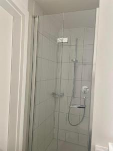 a shower with a glass door in a bathroom at City Studio 2 in Zürich