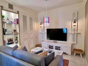 a living room with a couch and a tv at Ma Maison Cleopatra DELUXE in Alexandria