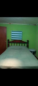 a bed in a room with a green wall at La casita piso compartido in Puerto Iguazú