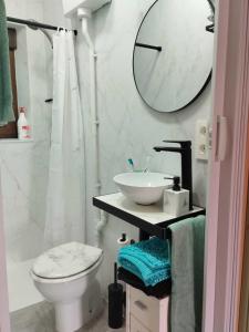 a bathroom with a sink and a toilet and a mirror at La Guaja vivienda de uso turístico in Olleros de Sabero