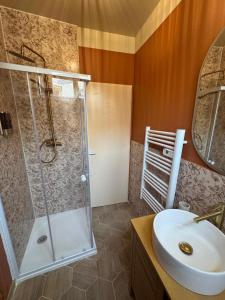 a bathroom with a shower and a sink at DUNE - T2 avec parking in Châteauroux