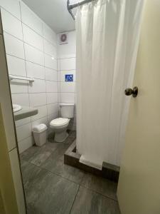 a white bathroom with a toilet and a shower at Casa Las Flores Ica in Ica +49 photos