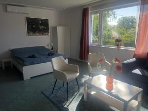a bedroom with a bed and a table and chairs at Mediterran Garden in Vecsés