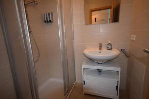 a small bathroom with a sink and a shower at Nestwerk Clever R23-24 - Work and Relax in Biberach an der Riß