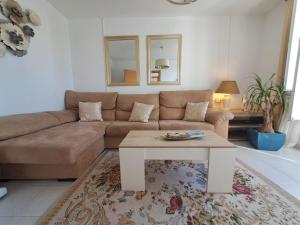 ein Wohnzimmer mit einer Couch und einem Couchtisch in der Unterkunft Casa Romero Garden in Vilanova de Arousa