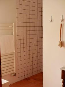 ein Badezimmer mit Dusche und gefliester Wand in der Unterkunft Ferme des Millonets - grand gîte in Vienne-en-Arthies + 29 Fotos