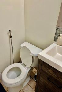 a bathroom with a white toilet and a sink at Cozy Drexel Hill Retreat - Perfect for Families in Drexel Hill