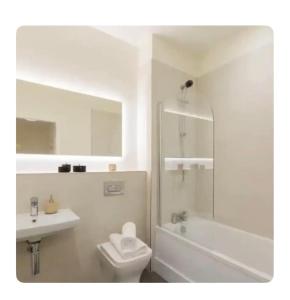 y baño con lavabo, aseo y bañera. en Luxury Seaview Apt in Dublin, en Dublín 3 fotos más