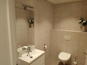 a bathroom with a toilet and a sink at Hagekjeråsen 18 B in Lyngdal +8 photos