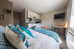 a bedroom with a bed with blue and white pillows at Studio Cosy La Fuye, proche gare, VELORA in Tours