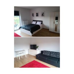 a bedroom and a living room with a bed and a couch at Studio 69, Gdańsk - Jasień in Gdańsk