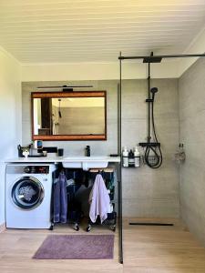 a bathroom with a washing machine and a mirror at Villa Keerberg in Taevaskoja