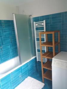 a bathroom with blue tiled walls and a shower at Gîtes du Café de la poste in Le Buisson +21 photos