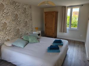 a bedroom with a white bed with blue pillows on it at Gite de la perle rouge 1 Chambre 2-4 personnes in Rodelinghem