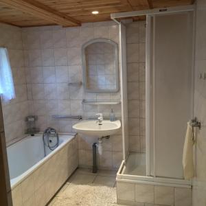 a bathroom with a sink and a bath tub at Domek Letniskowy in Stare Jabłonki