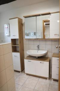 VelgastにあるUrlaub auf dem Alpakahof Nähe Velgastのバスルーム(シンク、白いキャビネット付)