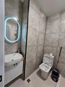 une salle de bain avec un lavabo, des toilettes et un miroir dans l'établissement NBG Apartments, à Batoumi