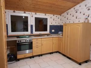 a kitchen with wooden cabinets and a sink and a stove at Ferienhaus Schlothauer 1 in Tiszacsege