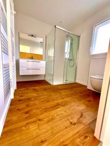 a bathroom with a glass shower and a toilet at Charmant studio Pornicais in Pornic +16 photos