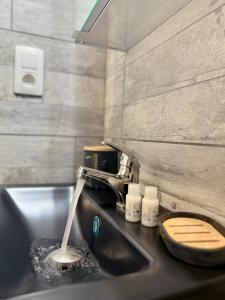 a bathroom sink with a faucet and a toilet at TinyMoko - Mons - proche du Shape et Pairi Daiza in Mons +33 photos