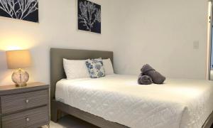 ein Schlafzimmer mit einem Bett und eine Kommode mit einer Lampe in der Unterkunft Oscar Building - Apto#1 in San Juan